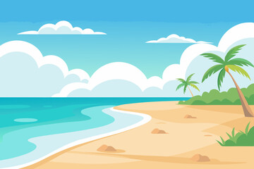 Vector illustration of a sunny beach with a calm ocean. Summer beach background