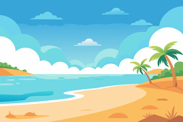 Vector illustration of a sunny beach with a calm ocean. Summer beach background