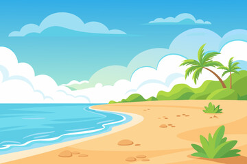 Vector illustration of a sunny beach with a calm ocean. Summer beach background