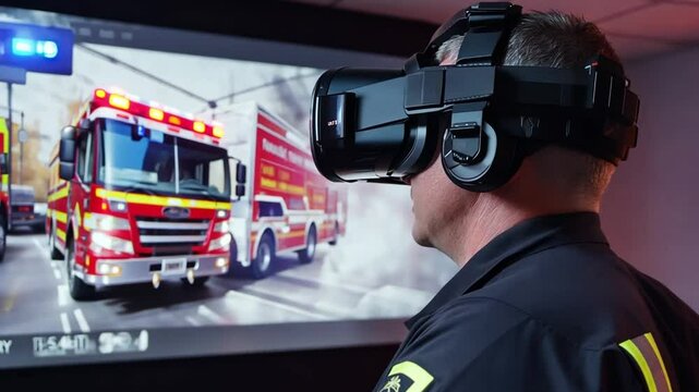 A man wearing a VR headset is looking at a screen with a fire truck on it