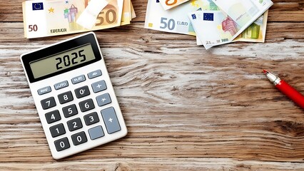 2025 numbers on a calculator and euros banknotes, new year finance, money and budget illustration
