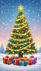 Obraz premium Colorful Christmas tree with presents underneath