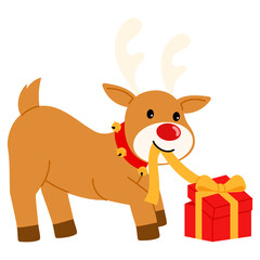playful reindeer with collar and bells unwrap christmas gift illustration