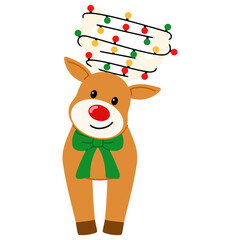 playful reindeer with green bow and christmas lights on antler character illustration