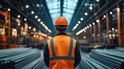 A worker in a safety vest and helmet stands in a large industrial warehouse, looking towards rows of metal pipes.