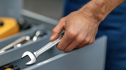 A hand grasping a wrench from a toolbox, highlighting tools and manual work.