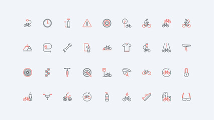Bicycle and bike parts, tools of repair and maintenance service, cycling and gears of cyclist line icon set. Handlebar and chain, brake and pump thin black and red outline symbols vector illustration © lembergvector