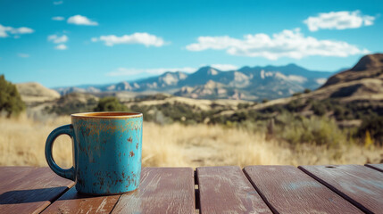 Obraz premium A blue mug sits on a wooden table with a mountain view, perfect for enjoying a warm beverage on a sunny day.