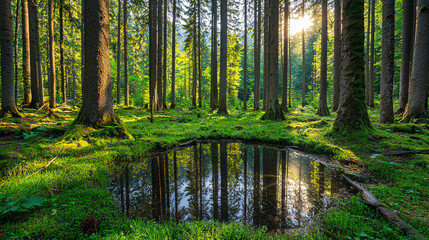Obraz premium Sunlight filters through a dense conifer forest illuminating a serene pond in the early morning