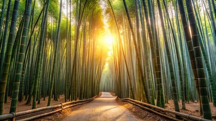 Golden Sunlight Illuminates a Serene Bamboo Forest Path