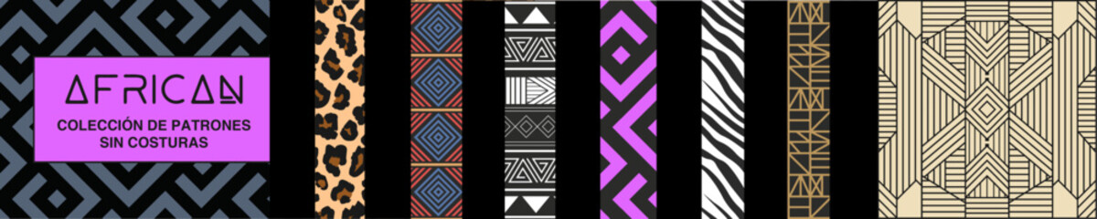 Colección africana de patrones sin costuras. Geometría, texturas y signos. Estética étnica y adornos africanos. Diseños tribales, obras de arte populares y gráficos de estilo nativo.  © Marek