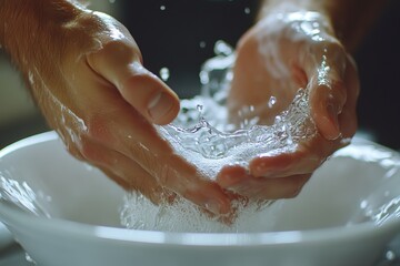 Fototapeta premium Close up shot of a man s hands washing dishes in soft light tones for a clean aesthetic