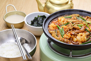 Nak-Gop-Sae is a spicy soup with octopus, beef small intestine, and shrimp in Busan, South Korea.
