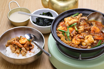 Nak-Gop-Sae is a spicy soup with octopus, beef small intestine, and shrimp in Busan, South Korea.