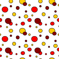 Endless geometric pattern. Seamless ornament, cheerful colorful round shapes, circles. Yellow, red, bordo, black contour. Graphic illustration, fabric, textile, print, web, wallpaper, background