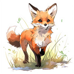 Obraz premium red fox cub standing in wilderness illustration on isolated white background, water color, drawing