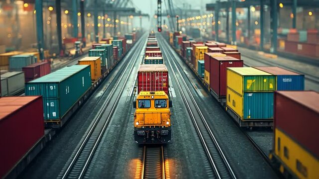 A train is traveling down a track with many other trains and cargo containers