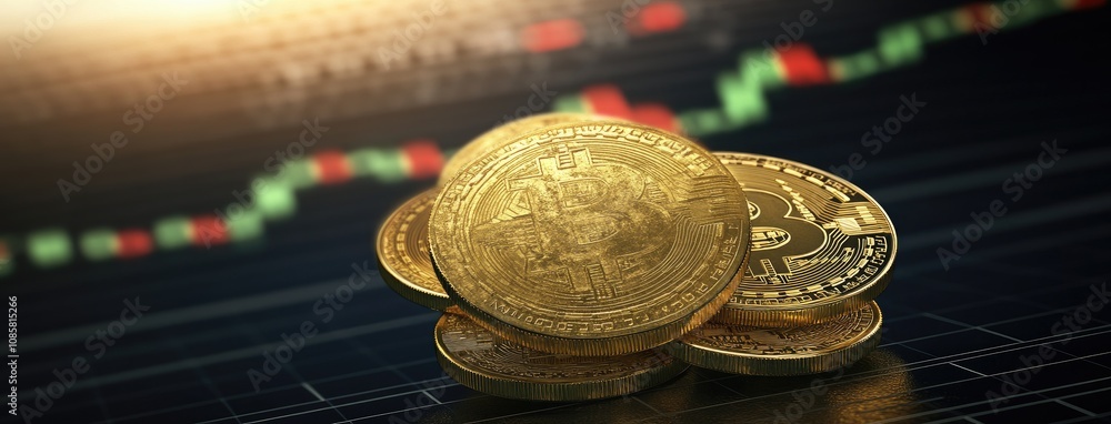 Aufkleber shimmering gold coins stacked with bitcoin resting on top against a vibrant trading chart backdrop i