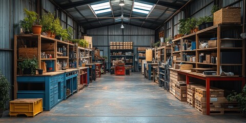 Spacious warehouse interior with organized shelves, wooden crates, and potted plants.
