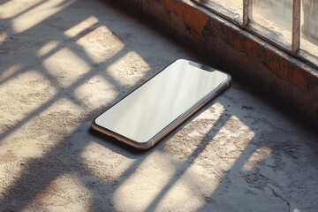 Smartphone with a blank white screen placed on a concrete surface, a shadow of a window falls across it, minimalistic composition, mockup for design