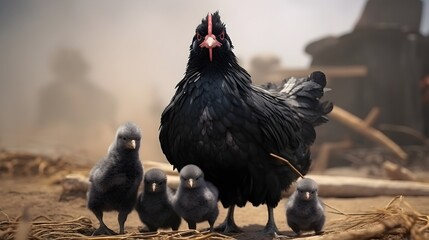 A black hen with her chicks Mama hen with all her chickens