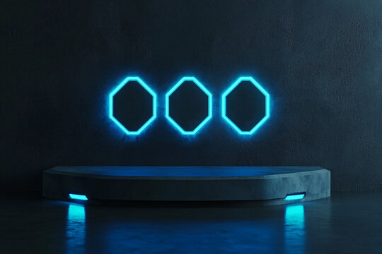 Three glowing blue octagonal lights are mounted on a wall above a low, circular platform