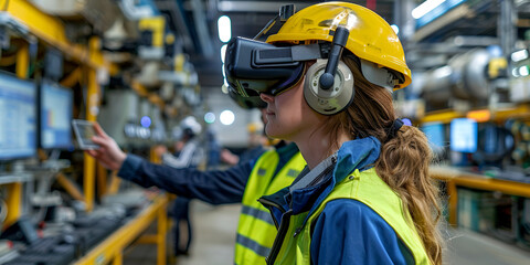 Engineer using virtual reality for industrial simulations, Innovative VR applications in industrial design and training

