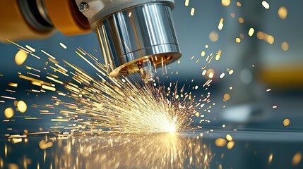 A close-up of a welding torch emitting bright sparks as it engages with metal, highlighting the dynamic process of metal fabrication.