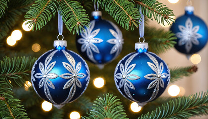 Christmas tree with blue ornaments and silver accents