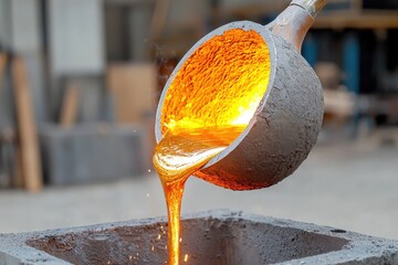 A molten metal being poured from a ladle into a casting mold, showcasing the intense heat and vivid orange glow of the liquid metal.