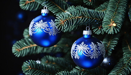 Christmas tree branches with blue and silver ornaments on dark background