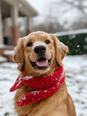 Golden retriever wearing a red scarf sitting in the snow, with a joyful expression and a dusting of snow on its nose