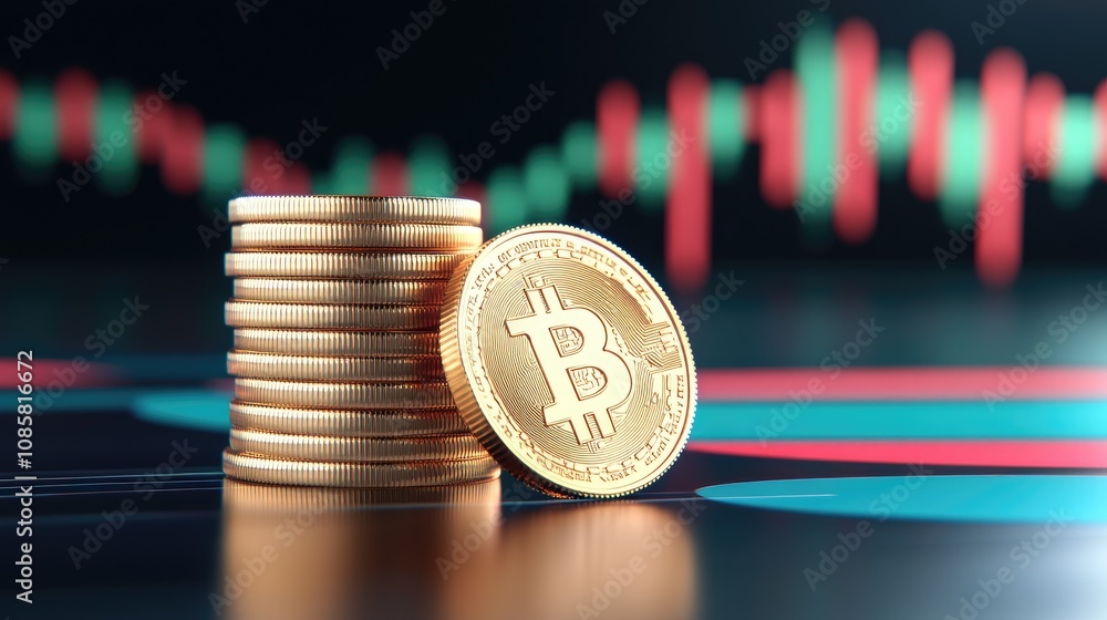 Poster a close-up view of golden bitcoin coins stacked in front of colorful trading charts, showcasing mark