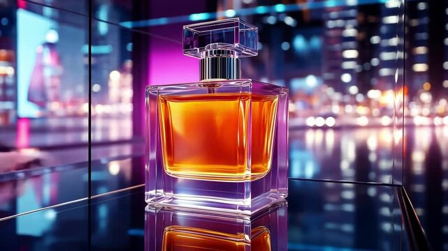 A bottle of perfume is displayed on a table in a store