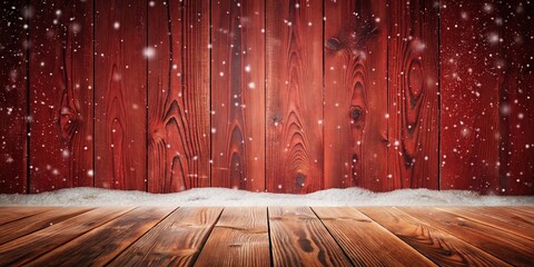 Winter Wonderland Wooden Background Snow Falling on Red Barn Wood Planks with Empty Wooden Floor