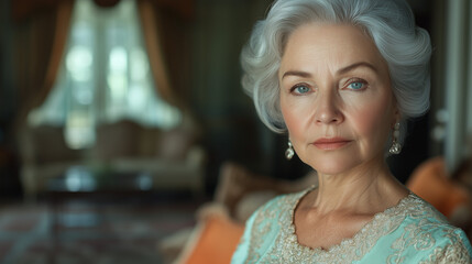 Elegant Portrait of a Beautiful 70-Year-Old Woman in a Stunning Dress