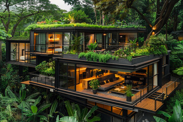 Sleek modular home with floor-to-ceiling windows, cantilevered deck, and green rooftop garden, surrounded by lush landscaping.