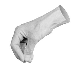 Hand gesture pinching to sprinkle or hold a small object, isolated in retro halftone dot style. Nostalgic 1990s inspired design with vintage grunge texture, ideal for trendy