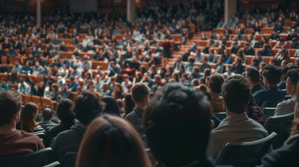 College lecture hall filled with students listening to a professor