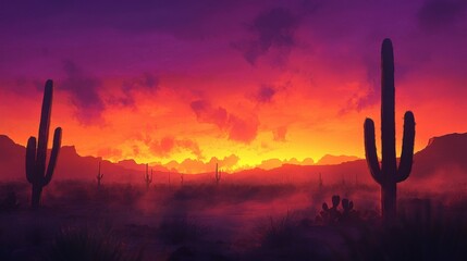 A fiery sunset over a desert landscape with tall cacti silhouetted against the horizon