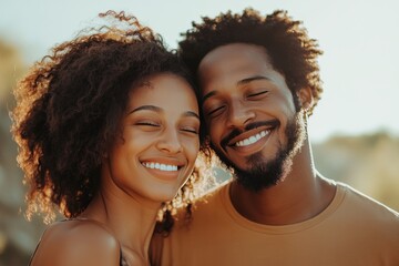Joyful couple embracing under the sun  capturing love and happiness in nature s embrace