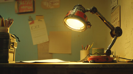 A whimsical desk lamp with small arms and legs providing light while standing on a cluttered desk filled with stationery and notes