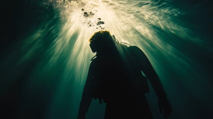 Fototapeta premium Silhouette of a scuba diver swimming underwater in a beam of sunlight.