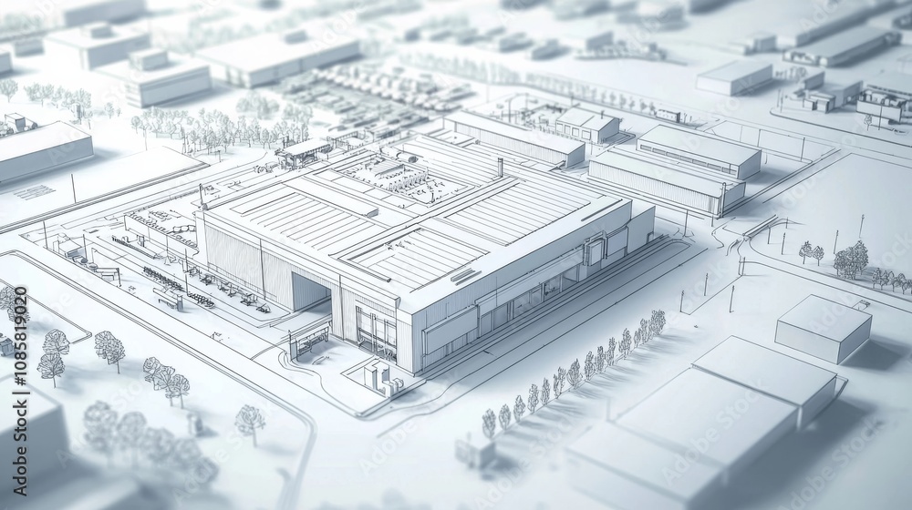 Poster a detailed architectural model showcasing a large building complex with surrounding structures, depi