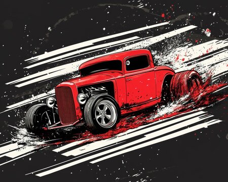 Bold vector graphic design for racing t shirt featuring red hot rod car in mud with stripes