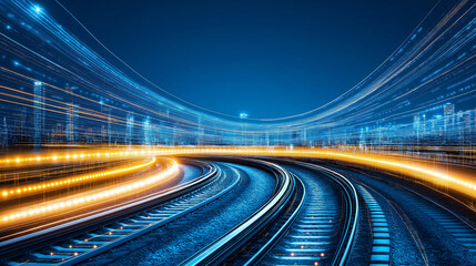 Digital Railway: A futuristic cityscape emerges from the digital lines of a curving railway, symbolizing the rapid evolution of technology, connectivity, and progress.
