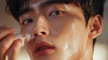 A close-up of a person applying a skincare product, featuring glistening skin and enhanced focus on facial features.