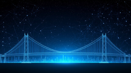 Obraz premium Digital Bridge: A mesmerizing digital illustration of a suspension bridge, rendered in glowing blue lines against a dark, starry sky. The image suggests connectivity, progress.