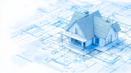Dream Home Blueprint: A miniature house model rests on a blueprint, symbolizing the meticulous planning and detail that go into building a dream home.  