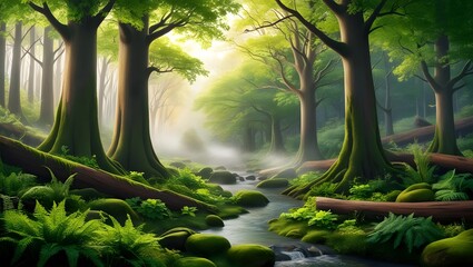 a forest with a stream running through it and a forest with trees in the background.